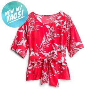 NWT - Floral Tie Front Cuffed Sleeve Blouse